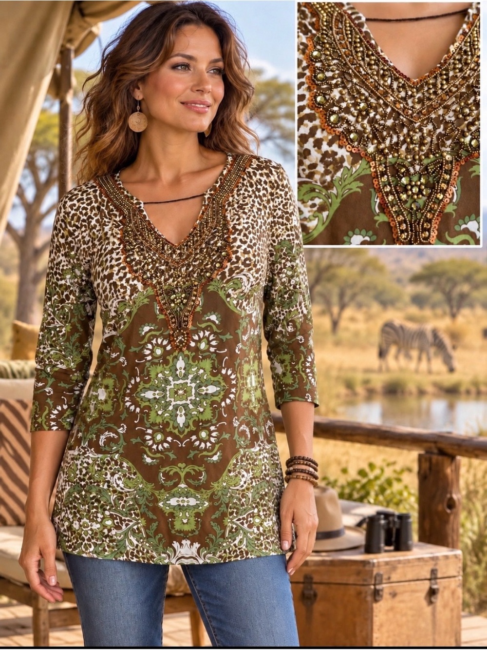 Joyous & Free green and brown print top with beads and sequins